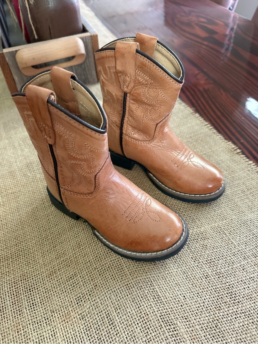 Children's Tan Western Pull-On Boots with Embroidered Stitching